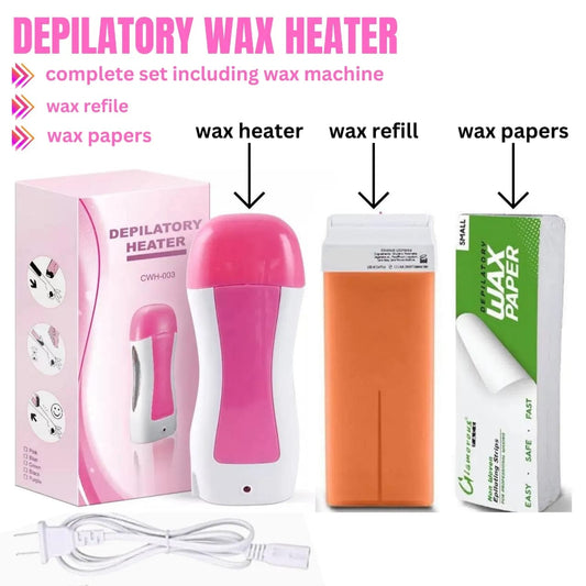 3 in 1 depilatory wax heater machine with roll on wax refill and waxing strips for body and face hair removal, 3 in 1 wax machine.